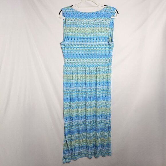 J. JILL Faux Wrap Maxi Dress BLUE GREEN GEO size L Pullover Stretchy Long Casual - Picture 5 of 6